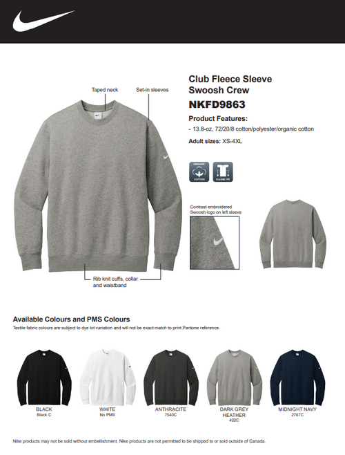 2026 Limited Edition NIKE CLUB FLEECE SLEEVE SWOOSH CREW. NKFD9863 - Pirates Baseball