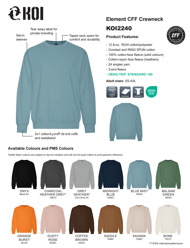 Baseball KOI® ELEMENT CFF CREWNECK. KOI2240 - Spruce View