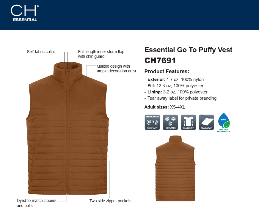 Adult CH ESSENTIAL® GO TO PUFFY VEST - CH7691 - Rose City