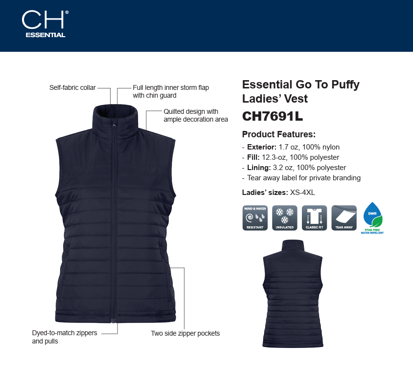 LADIES' CH ESSENTIAL® GO TO PUFFY VEST - CH7691L - Rose City