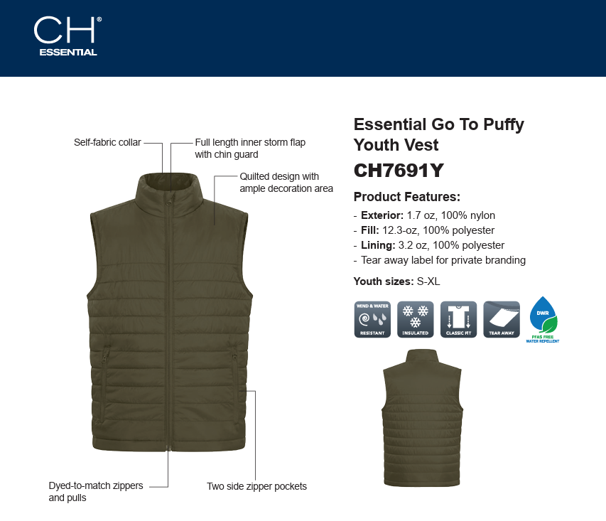 YOUTH CH ESSENTIAL® GO TO PUFFY VEST - CH7691Y - Rose City